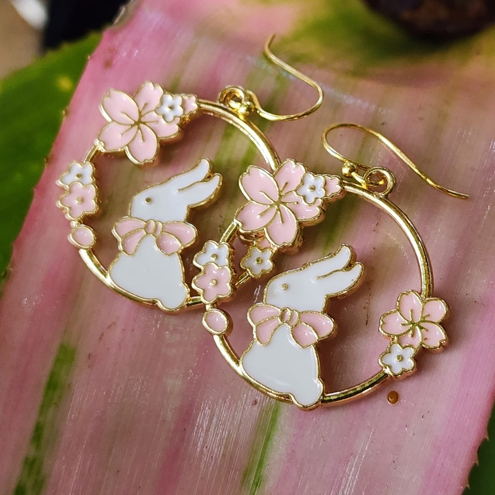 Designer Jewelry 14K Gold plated Hooks Cat Earrings Bunny Flo Cherry Blossom